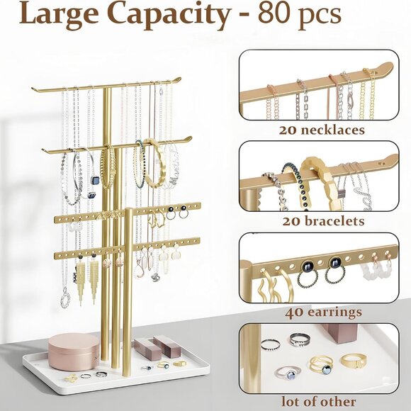 Modern Gold Jewelry Stand Tree Organizer for Women with 4 Drawers and Large Capa - Picture 3 of 7